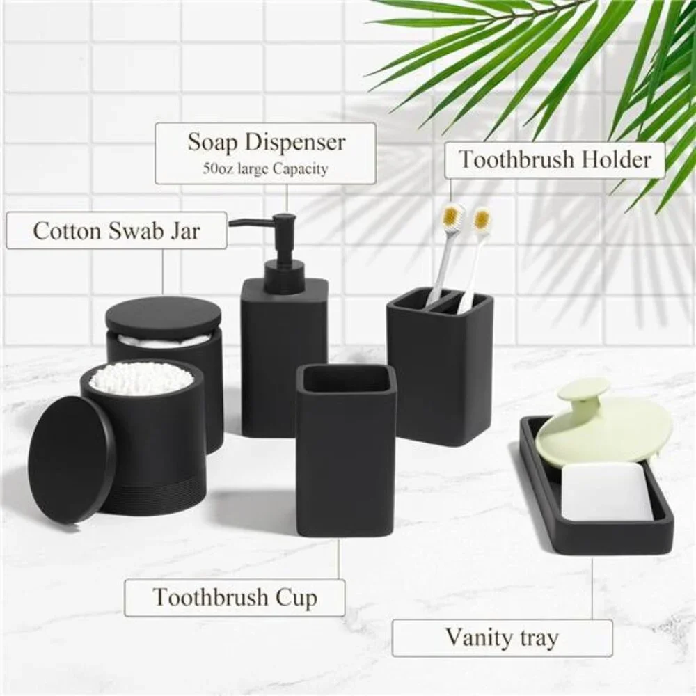 Matte Black Bathroom Accessories Set 6 Piece Soap Dispenser Toothbrush Holder